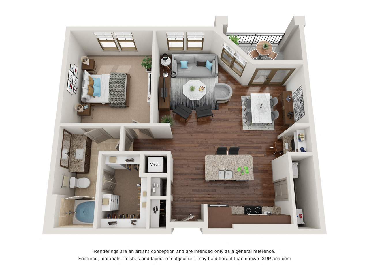 Floor plan for 1 bed, 1 bath, 896 sqft
